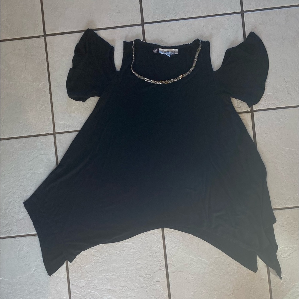 Jennifer Lopez Women's Short Sleeve Cold Shoulder Embellished Black Flowy Top XS